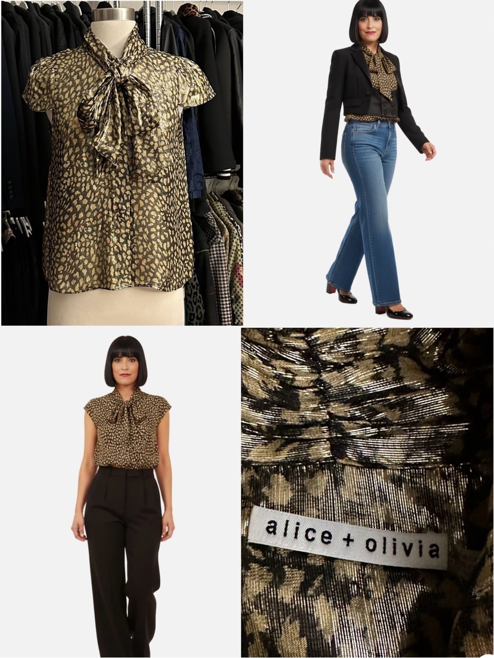 Alice + Olivia Metallic Gold Animal-Print Tie-Neck Blouse